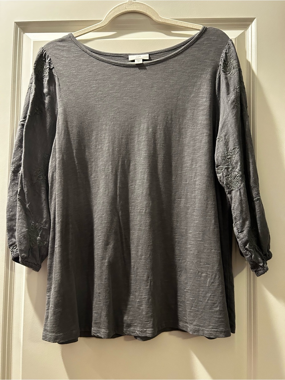J. Jill Slate Gray Embroidered Sleeve Scoop Neck